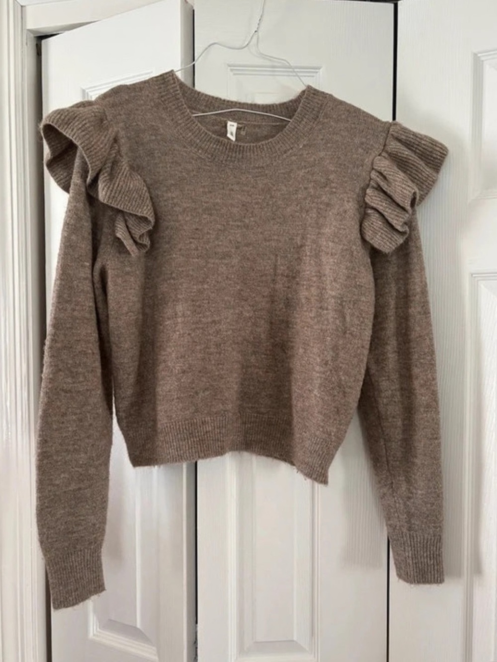 glam Taupe Ruffled Shoulder Crewneck Sweater